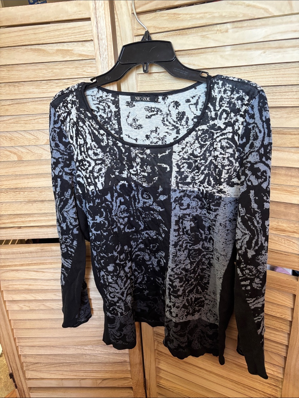 NIC+ZOE Black and Gray Abstract Patchwork Long Sleeve Top Petite Large